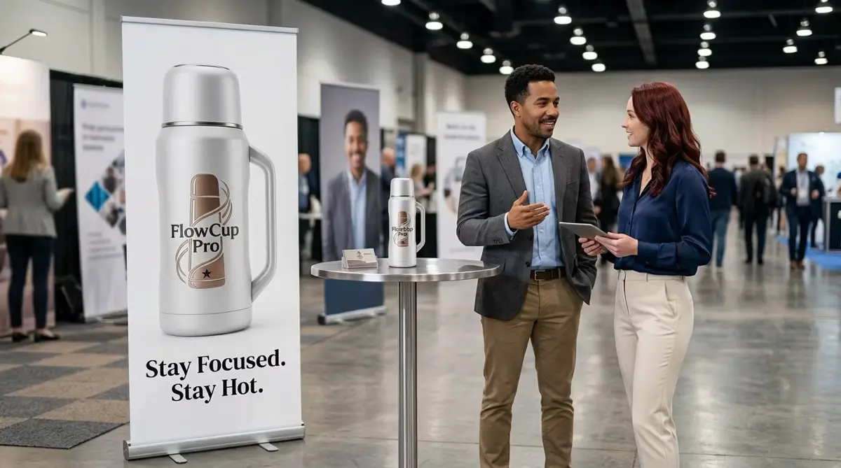 FlowCup Pro – KI-generiertes Messe-Visual mit Roll-up und Produktpräsentation