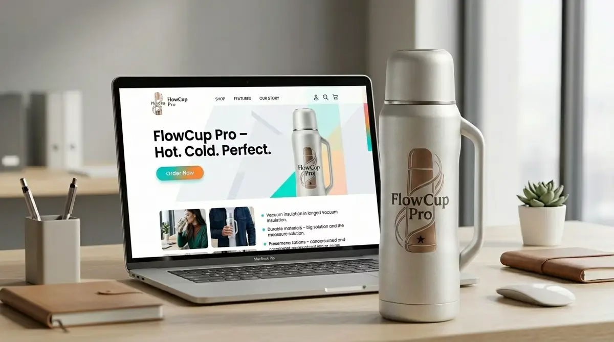 FlowCup Pro – KI-generiertes Website-Mockup auf MacBook mit physischem Produkt
