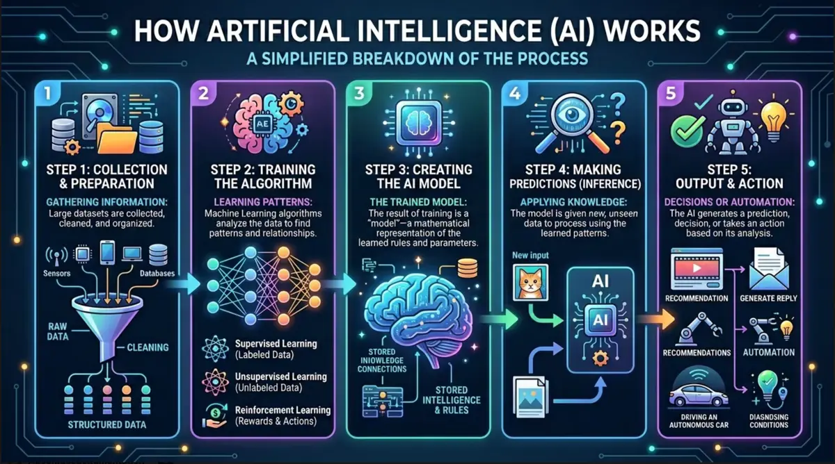 How AI Works – KI-Infografik erstellt von Teilnehmerin Petra B. im digitalworld Academy Workshop
