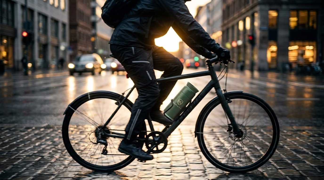 FlowCup Pro – Lifestyle: Cyclist in der Stadt