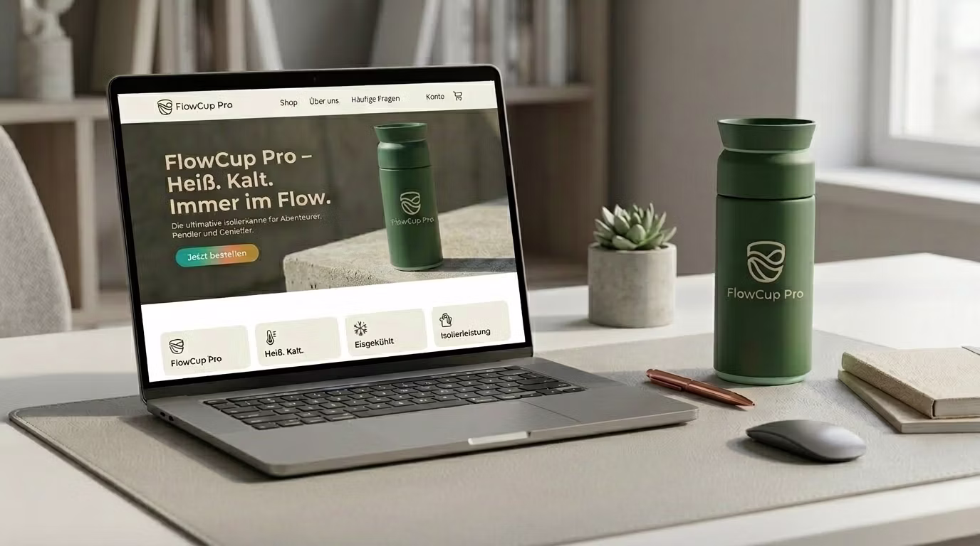 FlowCup Pro – Produkt neben Laptop auf Schreibtisch